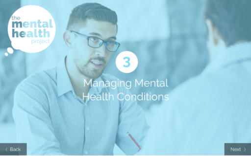 Mental health awareness eLearning training course screen shot of module 3 with a young male manager talking to a colleague with The Mental Health Project logo and the text Managing Mental Health Conditions