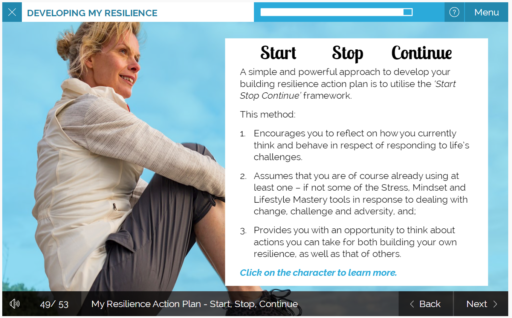 Workplace Building Resilience eLearning training course screen shot featuring a content older female reflecting on life and her resilience action plan.