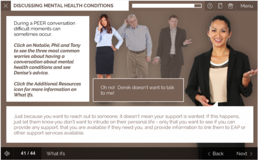 Mental health awareness eLearning training course screen featuring a female psychologist responding to "what if scenarios"