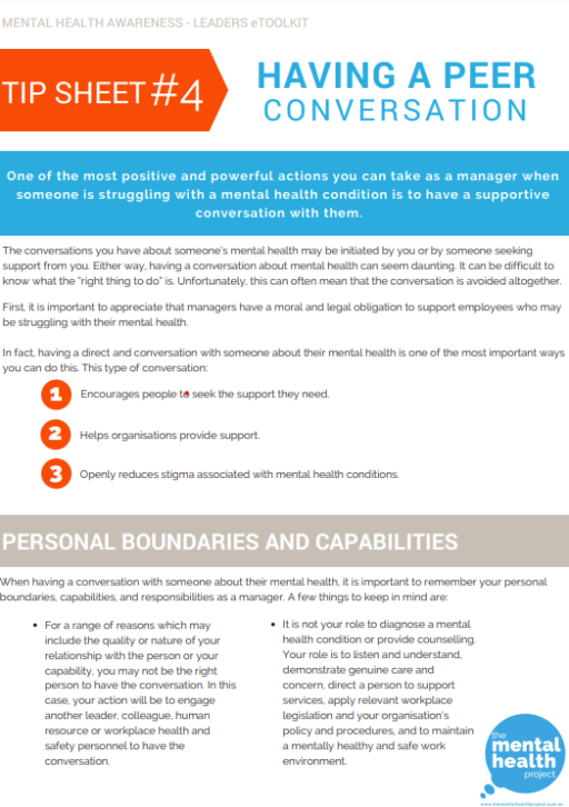 Mental Health Tipsheet example with blue and orange text from the workplace mental health awareness eLearning training course