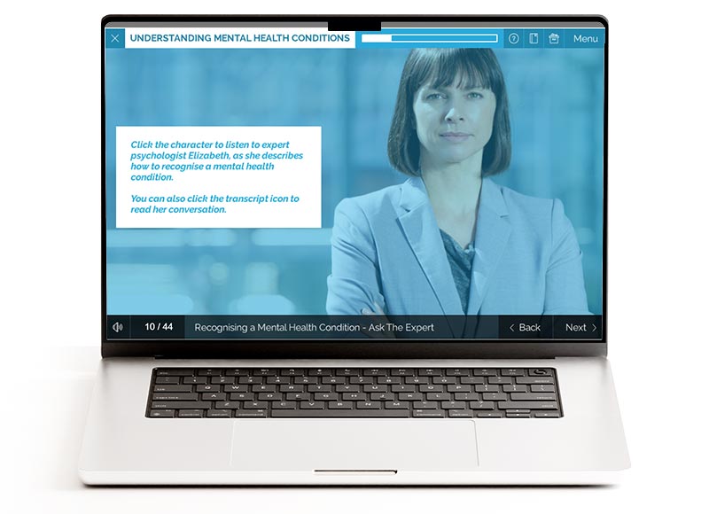 Mental health awareness eLearning training course screen on a monitor featuring female psychologist talking about how to recognise a mental health condition in the workplace.
