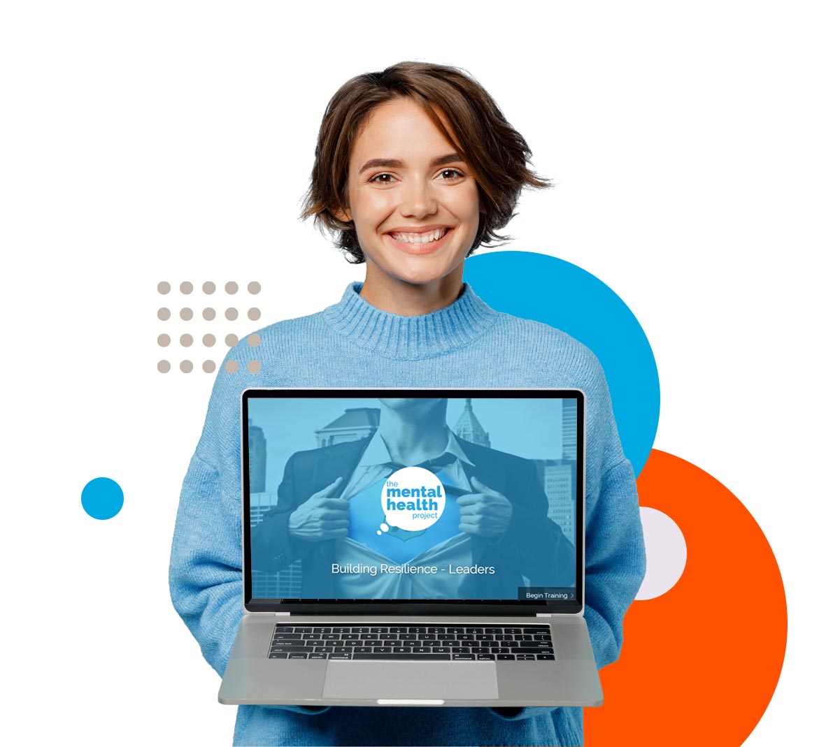 Young female employee holding a laptop showing the Building Resilience eLearning training course welcome screen
