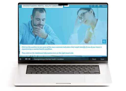 Mental health awareness eLearning training course screen shot featuring a male and female employee thinking about mental health